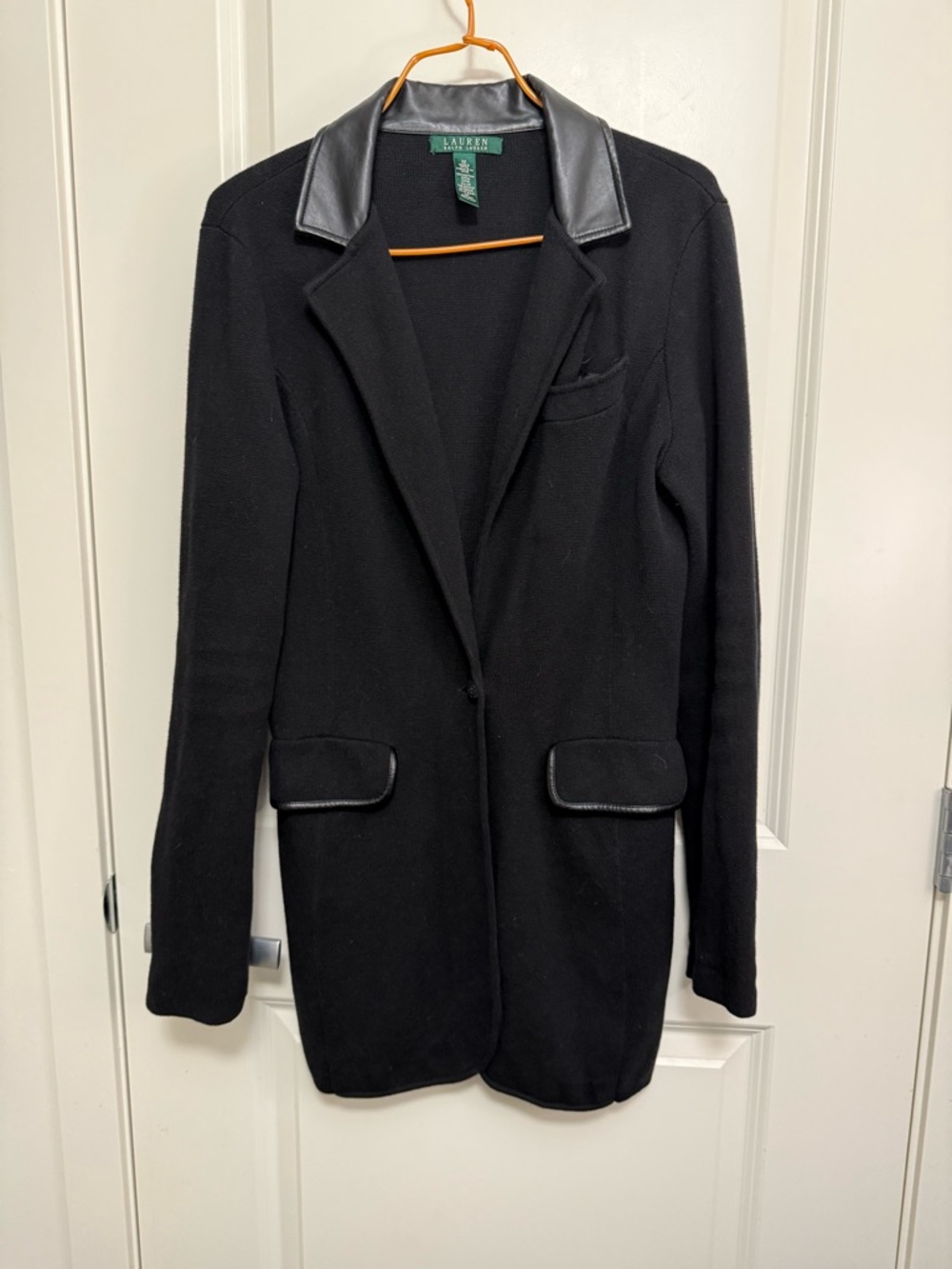 Ralph Lauren Women's Black Faux Leather-Trim Knit Blazer Coat in size M